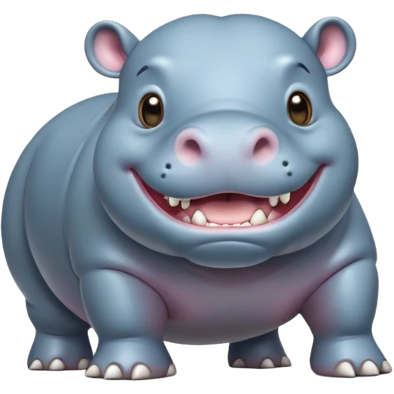 cinematic-hippo-realistic-full-body-side-view-standing-on-all-fours-emoji,-massive-round-frame,-wide-mouthed-grin-exposing-huge-teeth,-head-tilted-dramatically,-thick-greyish blue-hide-glossy, big cute eyes emoji