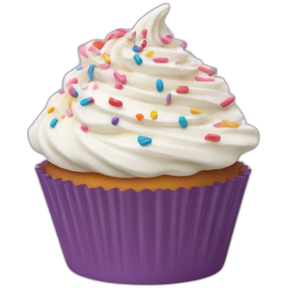 Individual cupcake in a liner topped with a swirl of frosting and sprinkles emoji