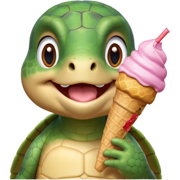 cute turtle portrait, head and shoulders only, licking an ice cream cone, funny happy expression, 3D cartoon, mobile game icon style, clean background, no text, no watermark
 emoji