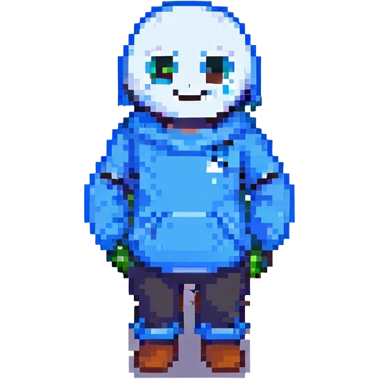 Sans from Undertale, pixel art, winking, glowing blue left eye, casual stance emoji