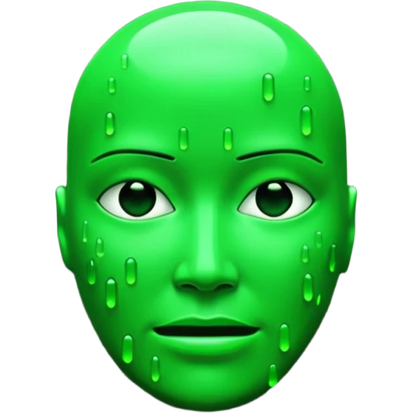 Emoji inspired by The Matrix film, glowing green terminal code forming a face, digital rain backdrop, hacker cyberpunk aesthetic, high contrast black and green, cinematic sci-fi lighting, ultra-sharp 3D. emoji