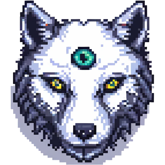 close-up pixel art wolf face with 6 eyes and 12 arms visible around it emoji