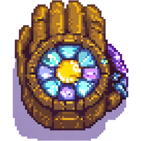 Thanos' gauntlet doing a finger snap, pixel art style, simplified form, clearly visible gems, transparent background emoji