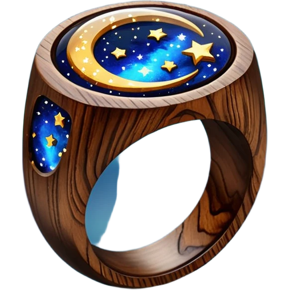 dark wood ring with epoxy resin in space and stars motifs crystal emoji