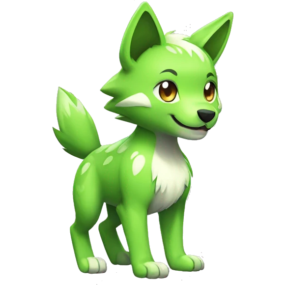 Cute Shy Shiny Lime-Green Fakémon-Wolf-Pokémon with white and dark-green markings Full Body emoji