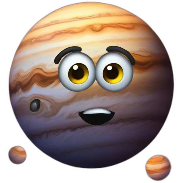 planet Jupiter with a cartoon thoughtful face with big courageous eyes emoji