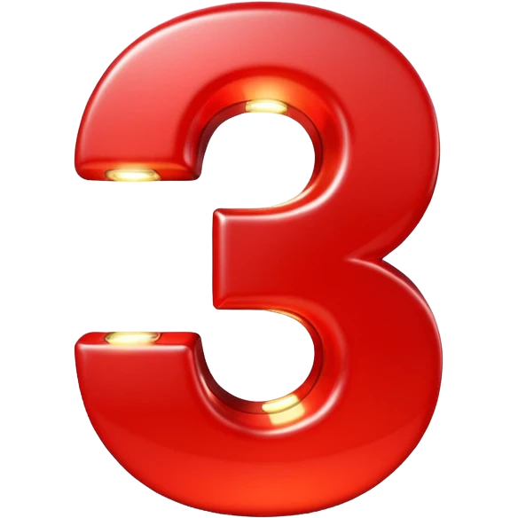 A 3D number 3 in a movie theater setting, shiny red surface; bright spotlights from above; cinematic glow with subtle haze; glossy, premium Hollywood countdown look; centered composition. emoji