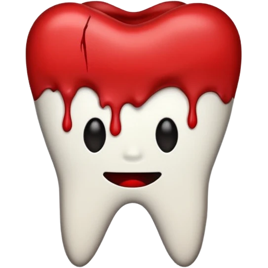 Minimalist emoji-style sticker of a pulled tooth with roots and a smear of blood at the base. Black and desaturated red colors. Flat, clean outline on white.
 emoji