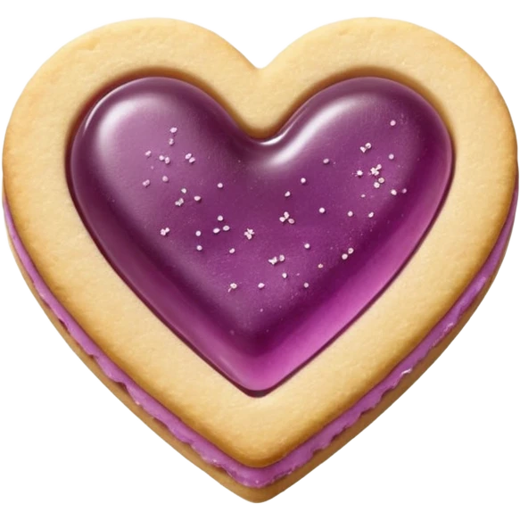Realistic shortbread cookie in the shape of a heart with mauve jelly middle filling and sprinkled powder sugar on top. emoji