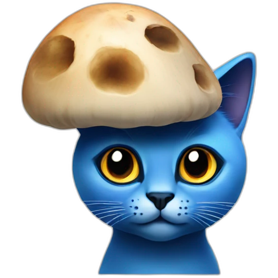 blue cat with big black eyes and a big mushroom on his head. emoji
