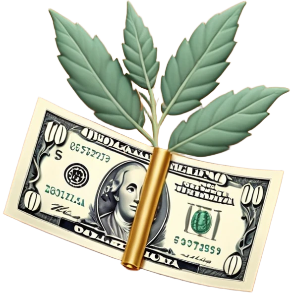 Una miniatura fotorrealista de un billete de cien dólares enrollado elegantemente con un hilo de oro brillante y un pequeño acento de hoja de salvia. Fondo terracota. Estilo: lujo financiero y orgánico emoji