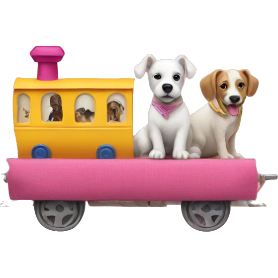 A dog riding a fabric train with yellow cabins and a pink headDog riding a train made of fabric emoji