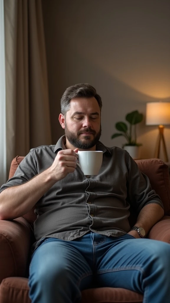 Uomo adulto in abiti casual in un ambiente domestico o ufficio tranquillo, mentre beve un caffè espresso con espressione consapevole. Subito dopo, si sdraia su un divano per un breve riposo di 20 minuti, occhi chiusi, posizione rilassata.  emoji