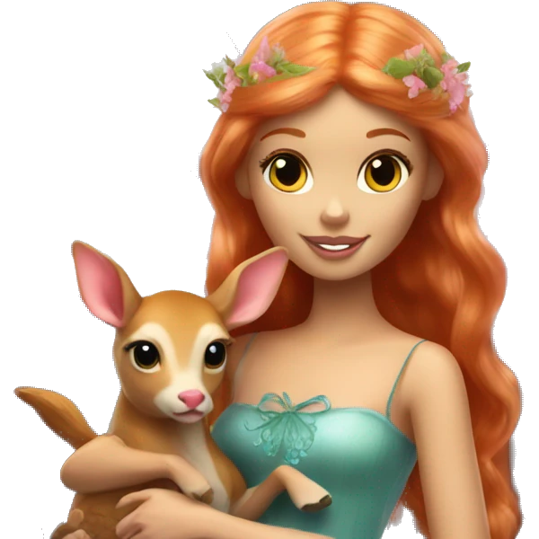 Beautiful ginger Barbie fairy with a fawn emoji