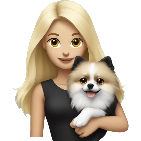 blonde girl with black & white pomeranian in her arms emoji