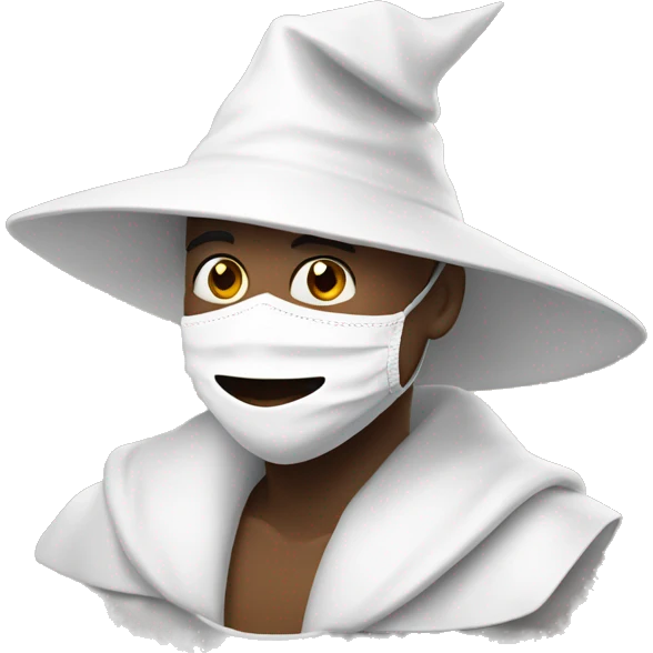 Make a guy in a white robe with a white mask and a triangle pointy hat smiling emoji