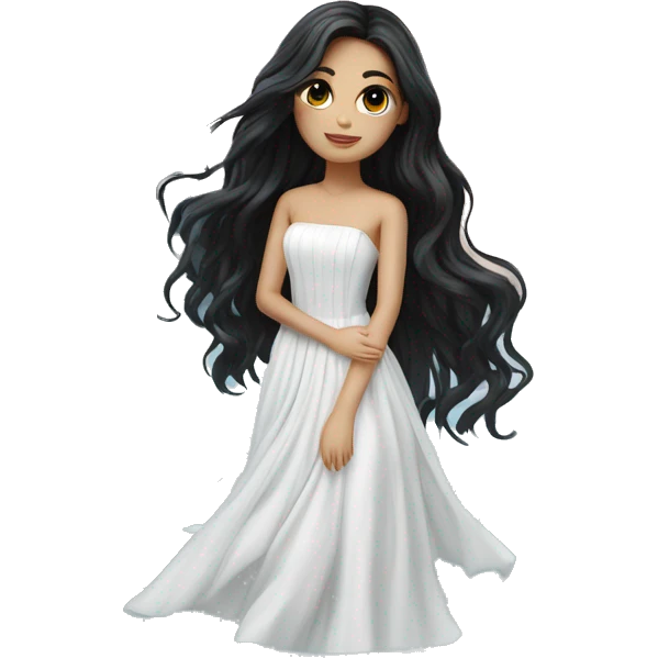 Pretty young Lady doll posing posed pose with long black hair flowers in hair white dress surrounded by flowing water emoji