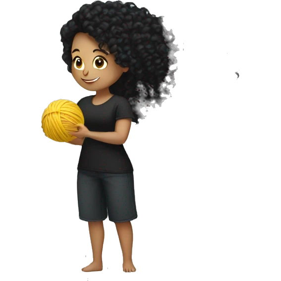 woman with long black curly hair holding one ball of yarn wearing a black shirt emoji