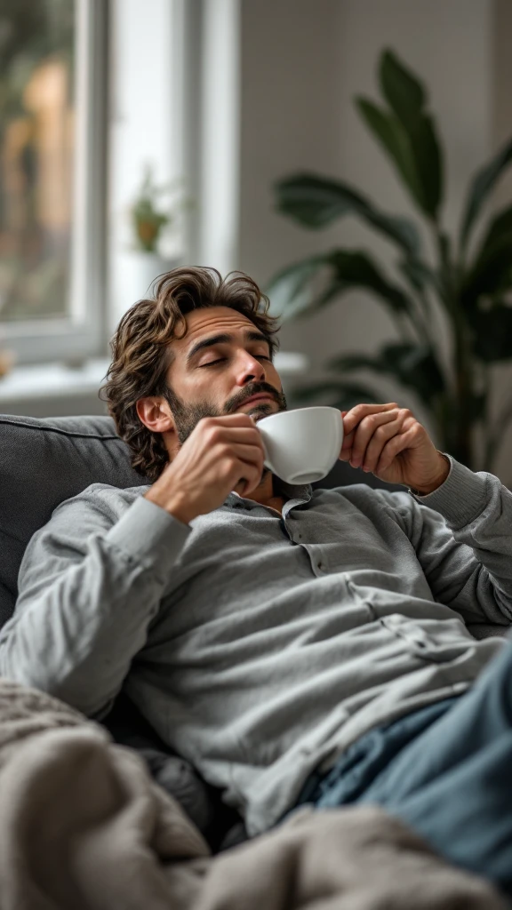 Uomo adulto in abiti casual in un ambiente domestico o ufficio tranquillo, mentre beve un caffè espresso con espressione consapevole. Subito dopo, si sdraia su un divano per un breve riposo di 20 minuti, occhi chiusi, posizione rilassata.  emoji