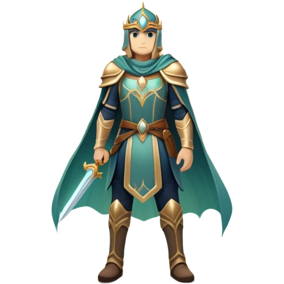 An icon featuring a hero with a closed visor, standing in a majestic, mystical landscape, inspired by RPGs like Elden Ring. The design includes a stunning, ethereal background with towering castles and distant mountains, symbolizing the adventure and mystery. Transparent background emoji