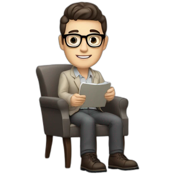 Pale skinned Fit Man With dark brown hair in gray jacket, beige office shirt and vintage glasses sitting In a soft chair with a notebook with emblem Ψ and a pen in his hands emoji