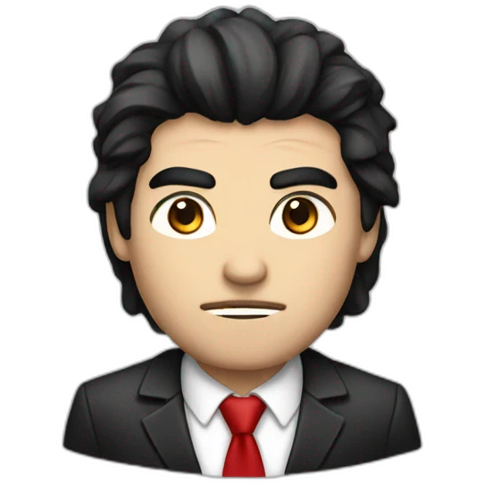 Boss, white skin, black hair, brown eyes, black jacket with red tie. angry emoji