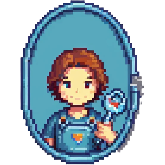 Oval badge shape with simple pixel art technician holding car tool key, bright colors emoji