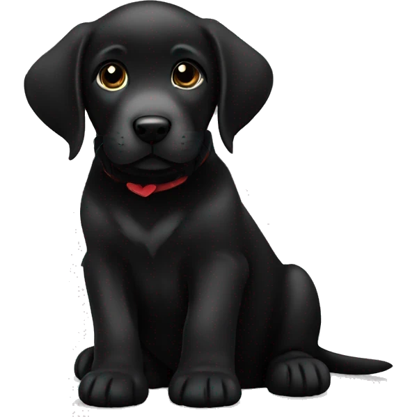 sitting black labrador puppy is holding a heart emoji