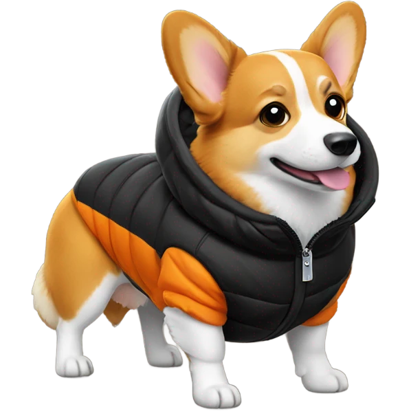 corgi wearing a black puffer jacket with a small orange square with white letters "YC" logo on the left chest emoji