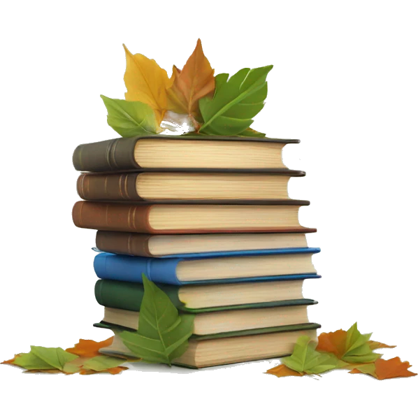  A stack of miniature books with leaves scattered around. emoji
