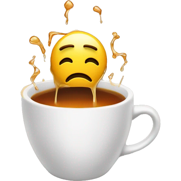 An emoji melting in a cup of tea tired from stress and worldliness, show a mess on top of head to represent stress emoji
