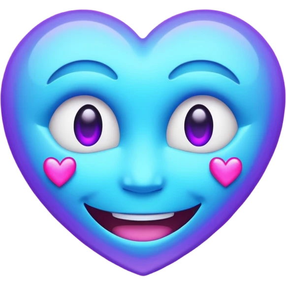 Futuristic glowing smiling face emoji with neon hearts instead of eyes, purple and blue holographic light, dark background emoji