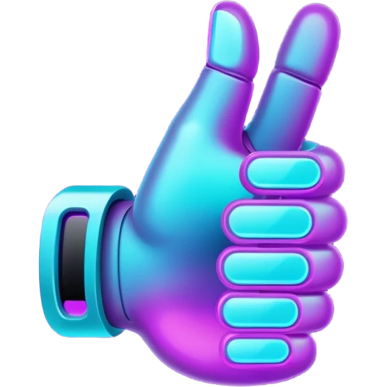 futuristic glowing thumbs up, neon purple and cyan light, dark background, digital tech style emoji