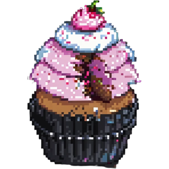 pixel art cupcake with pink icing and a bite taken out emoji