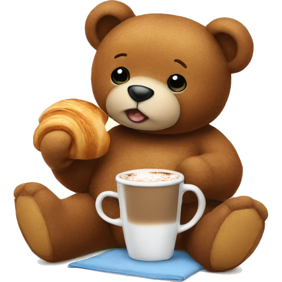 A teddy eating a croissant and drinking hot coco emoji