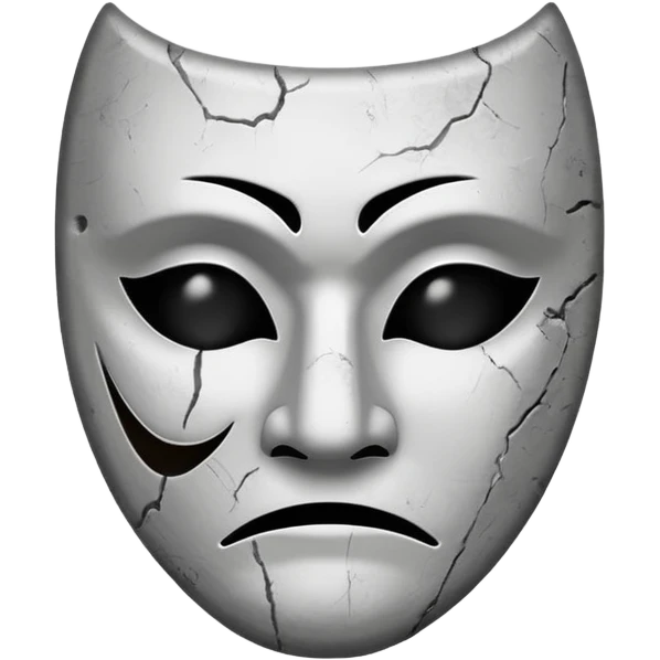 Minimalist emoji-style sticker of a sad theater mask with chipped surface, grayscale tones, one eye empty, slight burn marks

 emoji