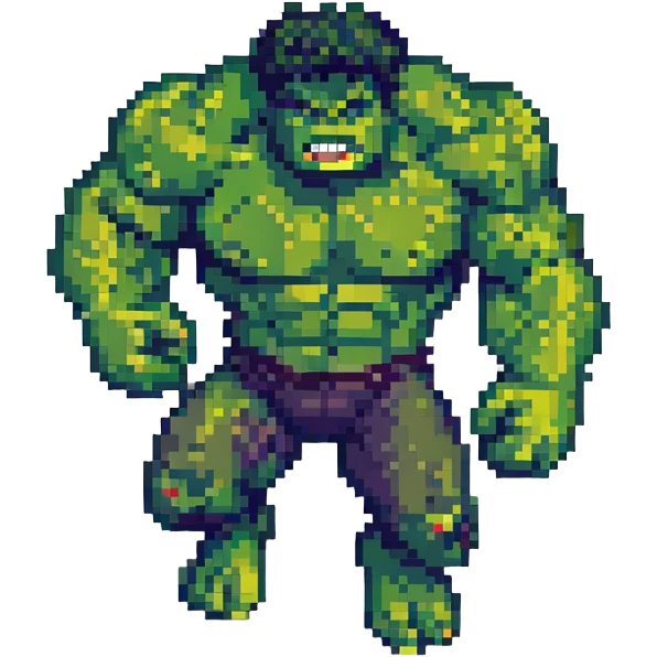 Add a pixel art city background behind Hulk jumping, keep the style consistent with pixel art style. emoji