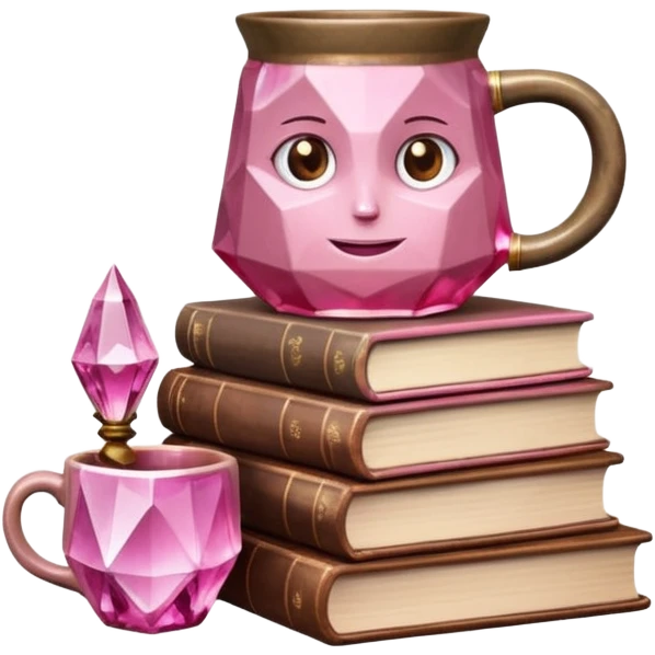 stack of books with a pink crystal and brown moon mug. emoji