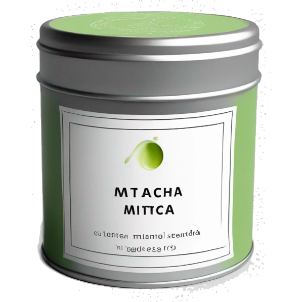 minimal matcha scented lit candle in small silver tin with realistic label emoji