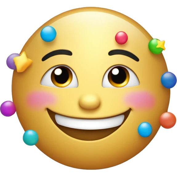 
Joyful emoji: Round face, big smile, sparkling crescent eyes, arched eyebrows. Golden stars near the eyes, colorful party hat tilted, rosy cheeks. emoji
