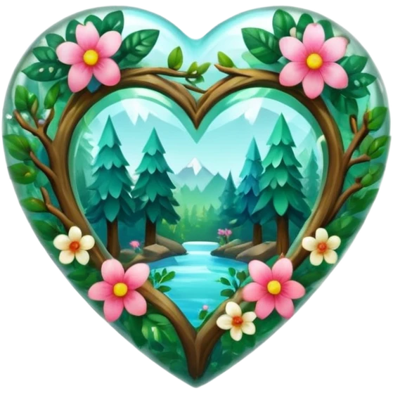 crystal heart with forest inside and floral decoration around emoji