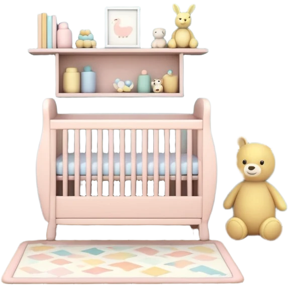 baby room, Crib beside toy shelf and rug emoji
