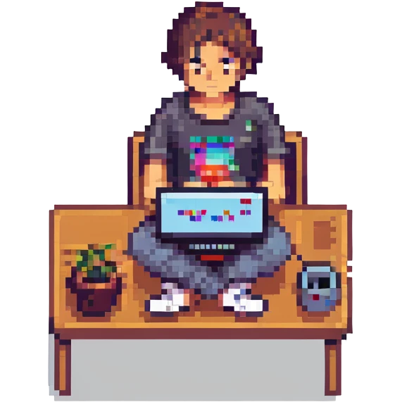 a boy using a laptop, pixel art style emoji