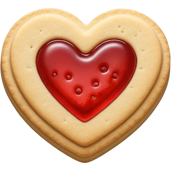 Realistic shortbread cookie in the shape of a heart with red jelly middle filling and sprinkled powder sugar on top. emoji