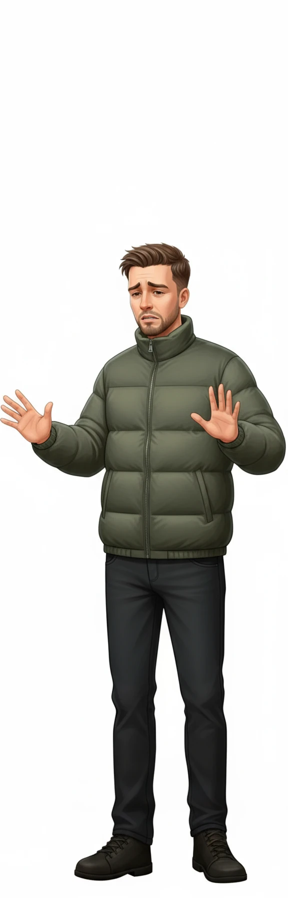 нарисуй человека в одежде как во вложении, с лицом как на картинке с лицом, но руки раскинуты в разные стороны, расстроен, без фона emoji