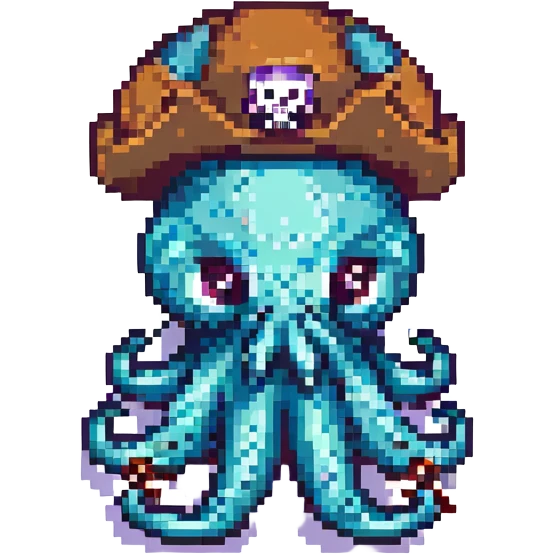 pixel art octopus with pirate hat, angry expression emoji