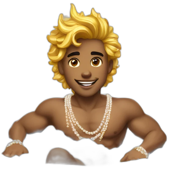 posh-muscle-boy-with-pearl-necklace-and-rainbow-unicorn-hair-in-golden-bathtub emoji