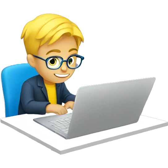 A blue-eyed boy with glasses and yellow hair working on a laptop emoji