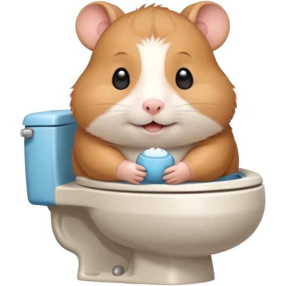 Cute chubby cartoon-style hamster sitting on toilet, sticker-style illustration emoji