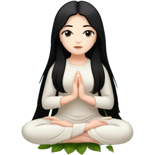 crea un chica blanca con cabello negro largo bonita de ojos marrones vestida de blanco conectando con la naturaleza rodeada de flores meditando  emoji